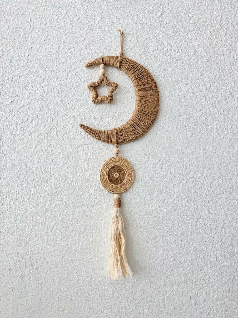 Boho Crescent Moon Wall Hanging in Natural Beige, Nursery wall decor